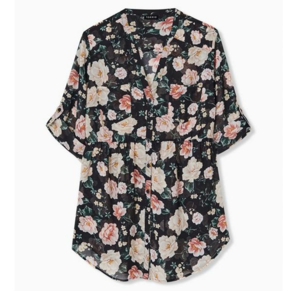 Torrid Emma Colorful Floral Babydoll Chiffon Button Hi Lo Tunic Top 1X